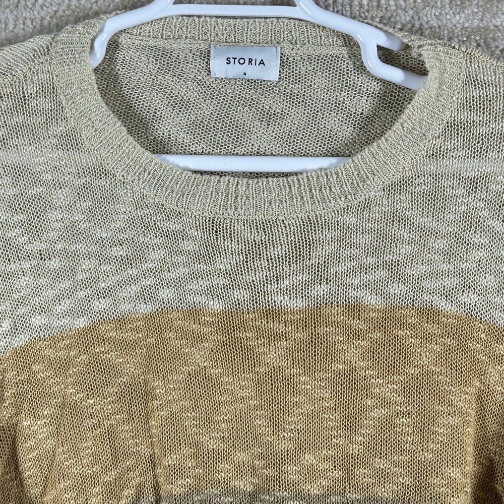 Storia Womens Boho Coastal Colorblock Cropped Open Knit Sweater Beige Tan M